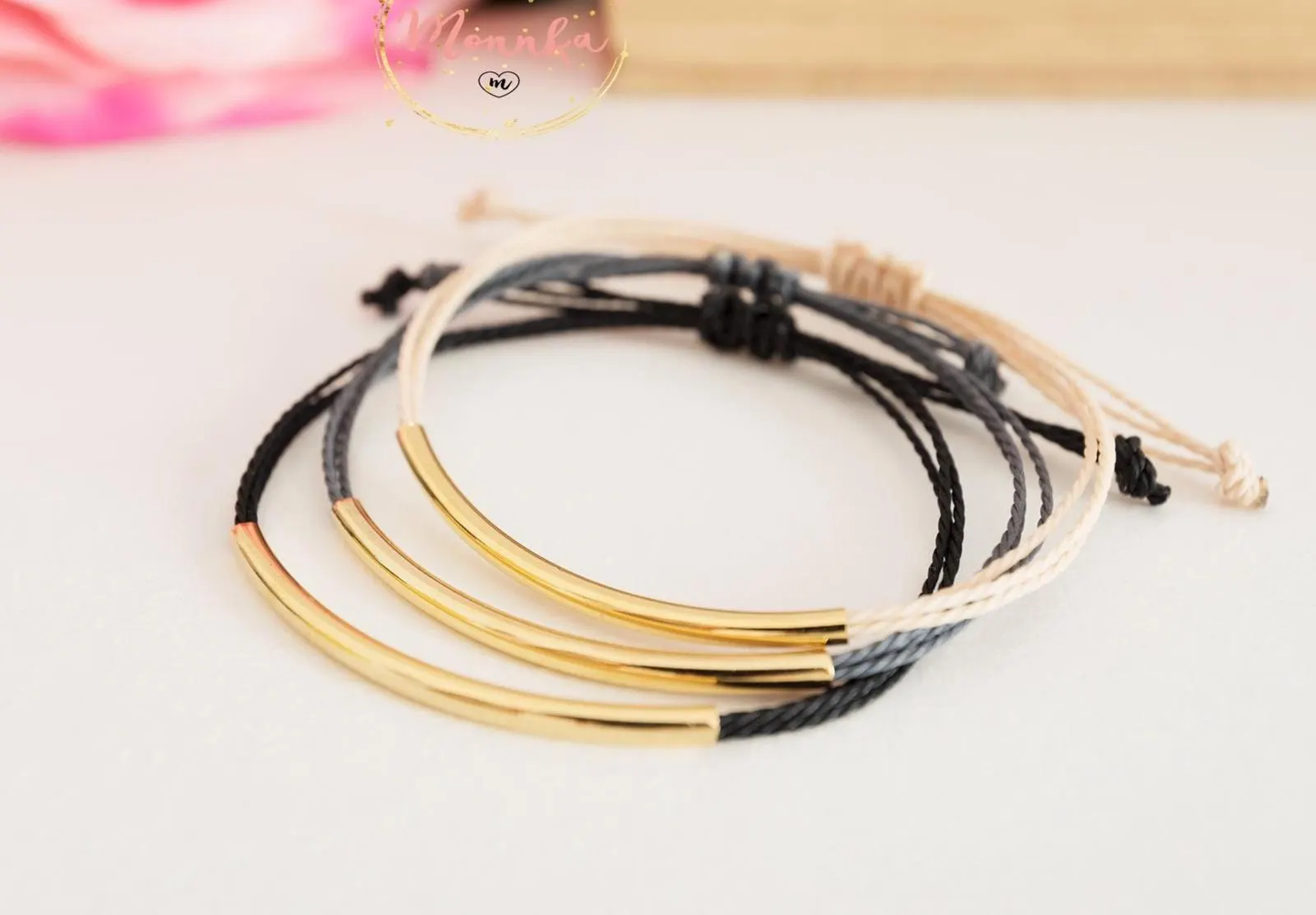 Set of 3 Gold Plated Tube Bracelets – Adjustable Friendship Bracelets, Minimalist Cord Jewelry | Monnka