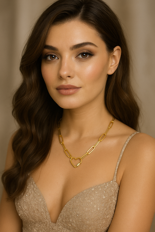 24K Gold Plated Brass Heart Chain Necklace – Chunky Link Statement Necklace