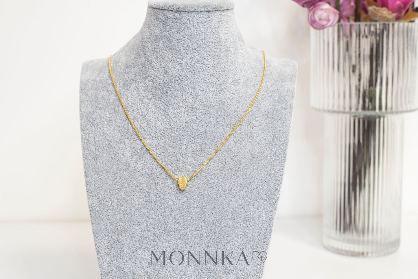Hamsa Hand Necklace – 24K Gold Plated Brass Charm, Minimalist Fatima Necklace | Monnka