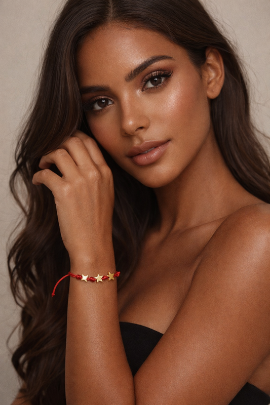 Red String Bracelet with 18K Gold Plated Star Charms – Minimalist Adjustable Kabbalah Bracelet