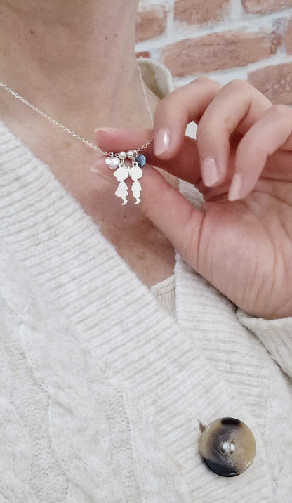 Sterling Silver Mom Necklace with Boy & Girl Charms – Swarovski Crystal Heart Family Pendant