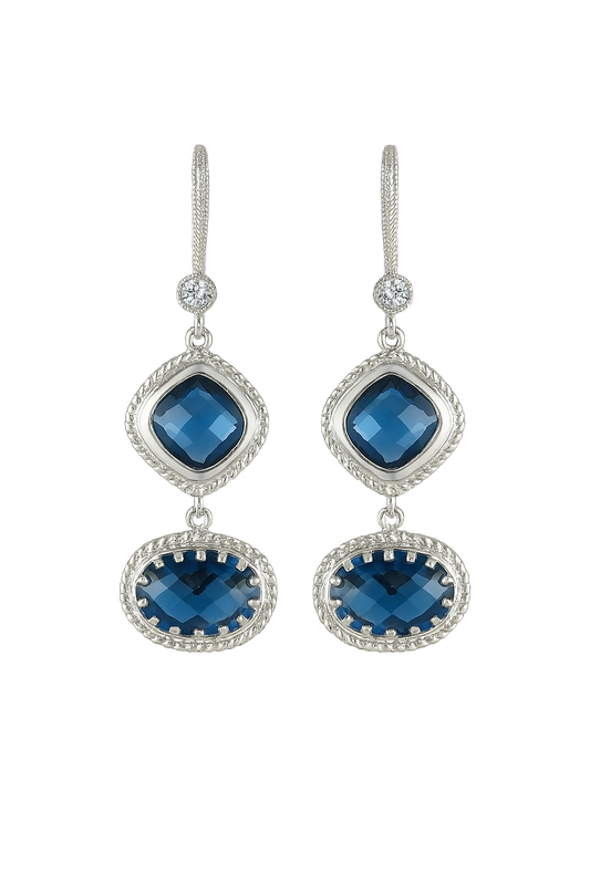 Rhodium Plated Blue Crystal Drop Earrings – Elegant Dangle Earrings for Women