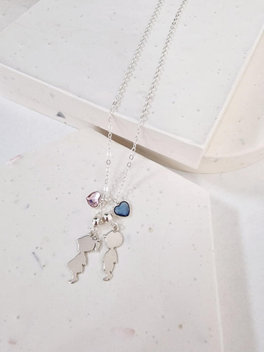 Sterling Silver Mom Necklace with Boy & Girl Charms – Swarovski Crystal Heart Family Pendant