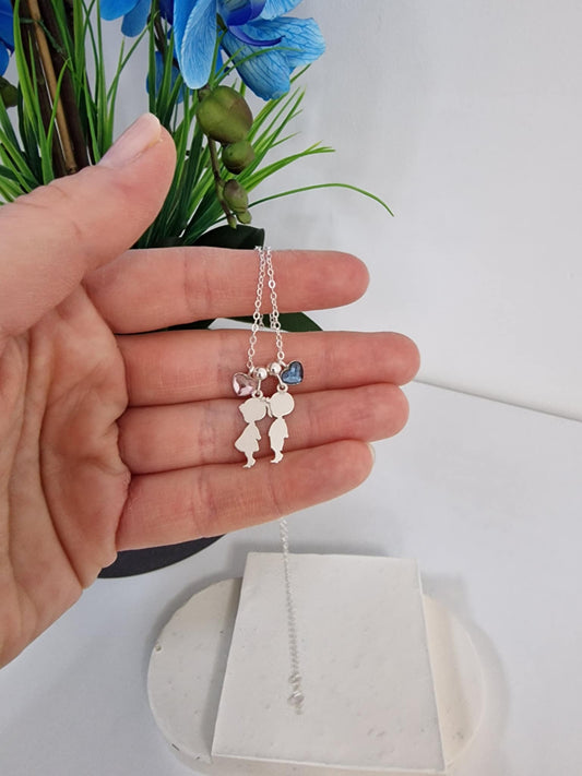 Sterling Silver Mom Necklace with Boy & Girl Charms – Swarovski Crystal Heart Family Pendant