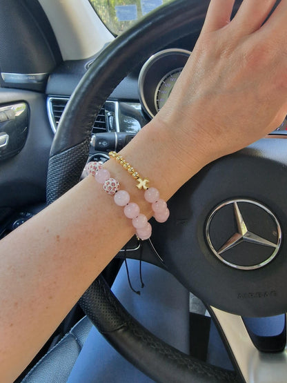 Rose Quartz Beaded Bracelet – Natural Stone Macrame Bracelet with Swarovski Crystal Beads