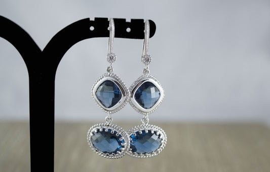 Rhodium Plated Blue Crystal Drop Earrings – Elegant Dangle Earrings for Women