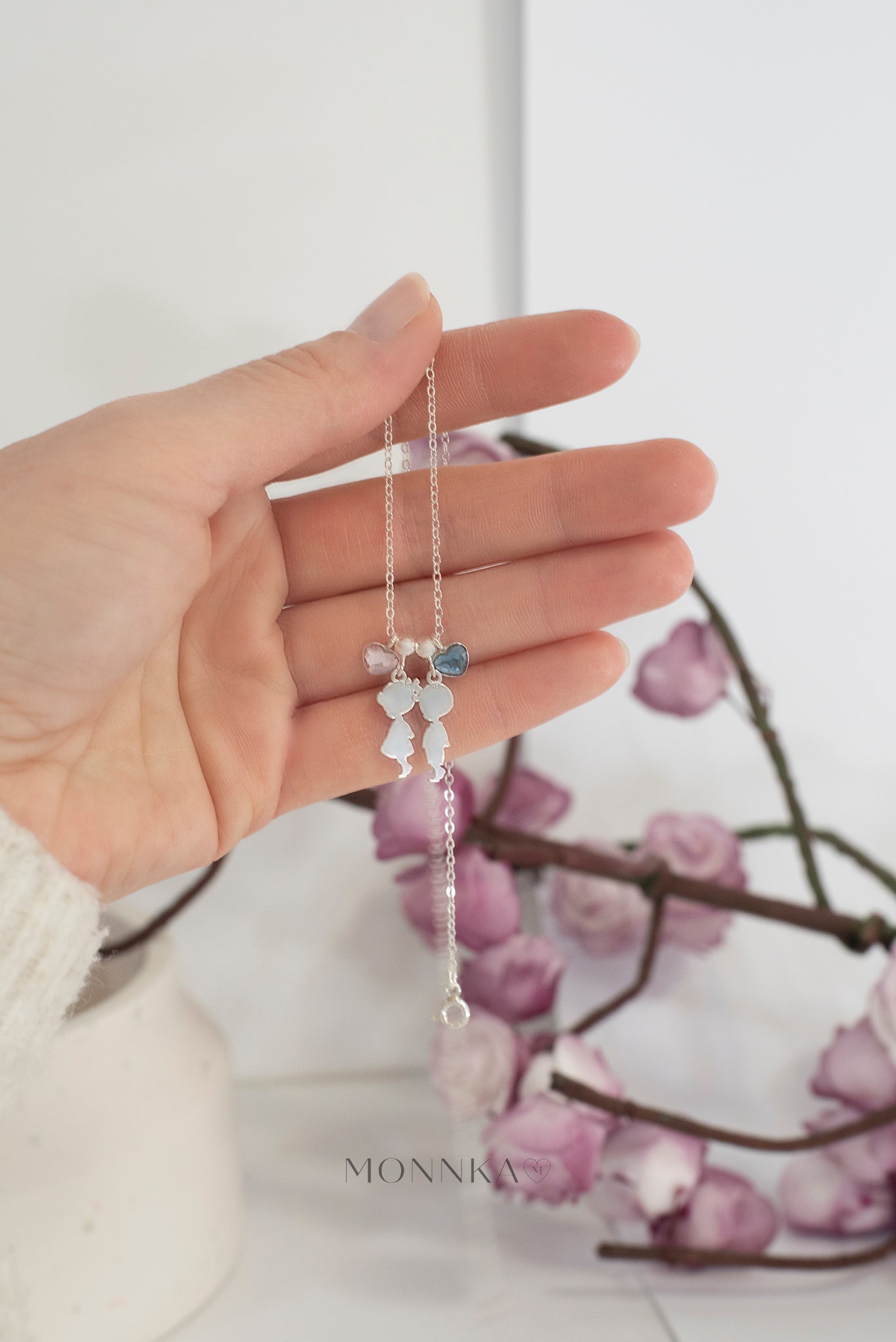 Sterling Silver Mom Necklace with Boy & Girl Charms – Swarovski Crystal Heart Family Pendant