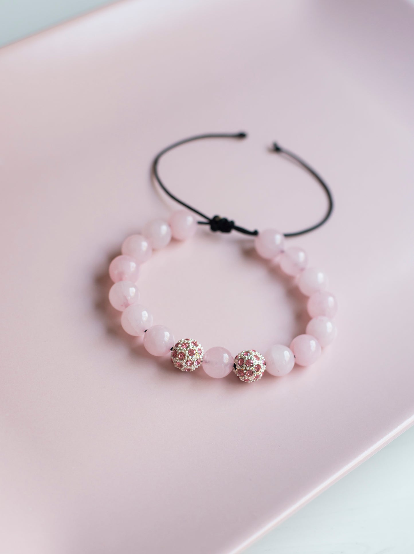 Rose Quartz Beaded Bracelet – Natural Stone Macrame Bracelet with Swarovski Crystal Beads