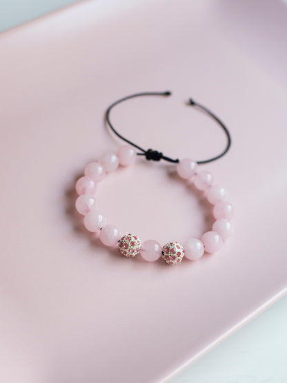 Rose Quartz Beaded Bracelet – Natural Stone Macrame Bracelet with Swarovski Crystal Beads