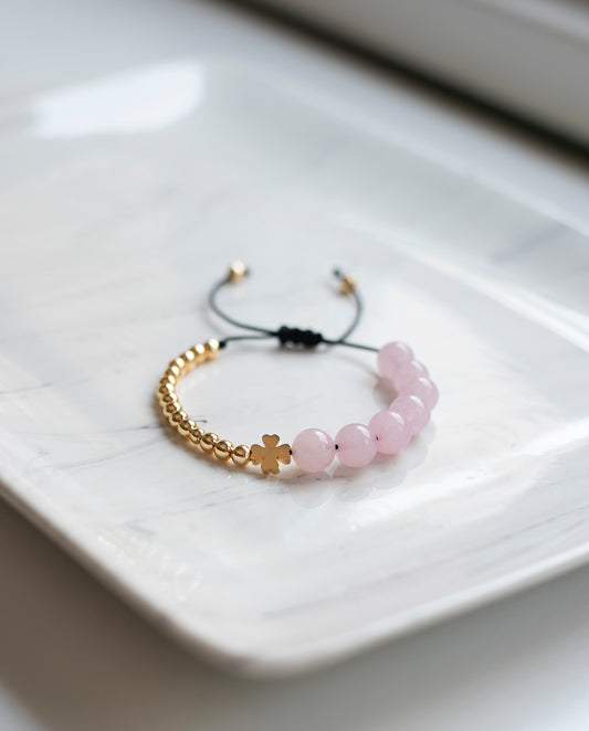 Rose Quartz Beaded Bracelet – Natural Stone Macrame Bracelet with Swarovski Crystal Beads