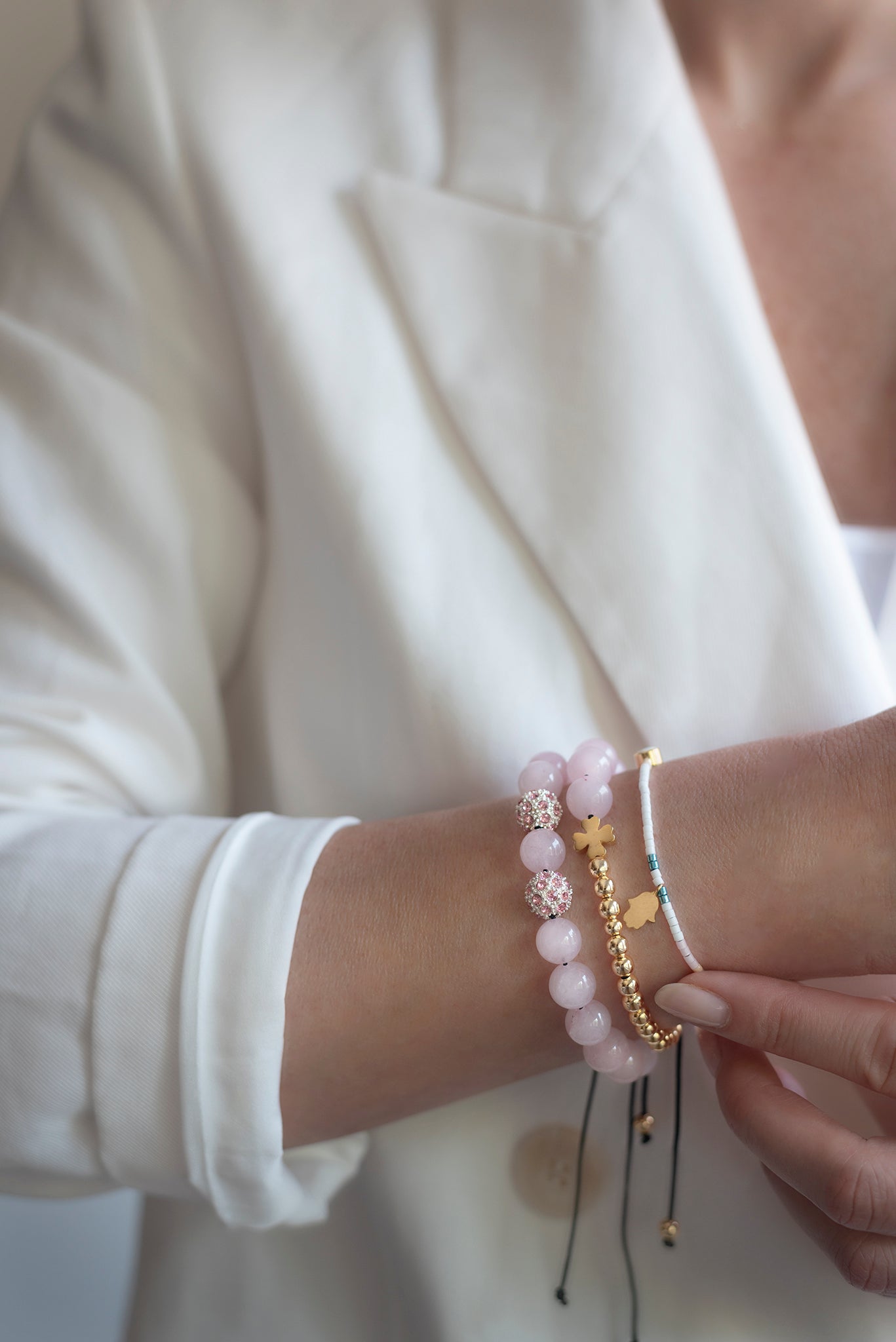 Rose Quartz Beaded Bracelet – Natural Stone Macrame Bracelet with Swarovski Crystal Beads