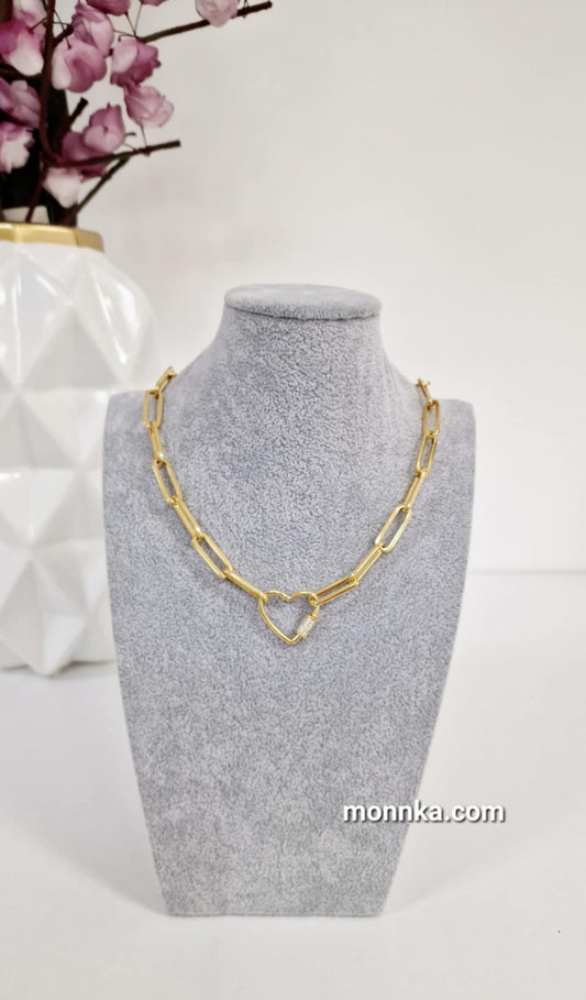 24K Gold Plated Brass Heart Chain Necklace – Chunky Link Statement Necklace