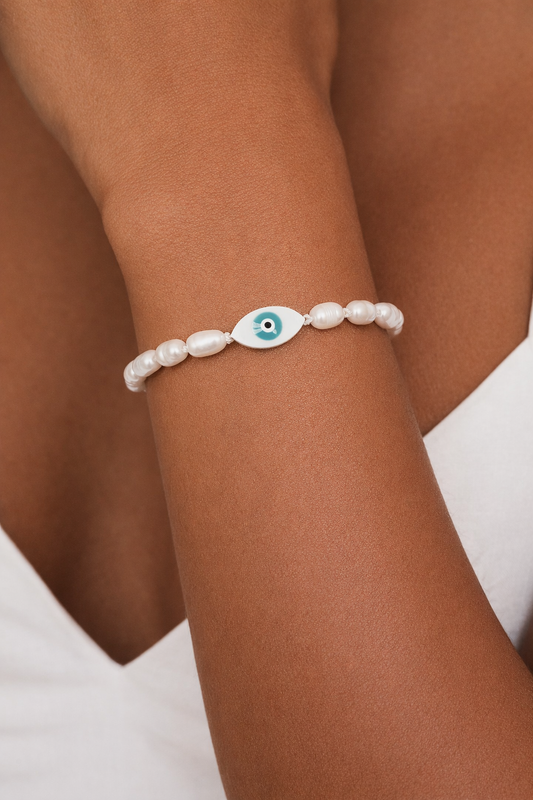 Freshwater Pearl Evil Eye Bracelet – Sterling Silver