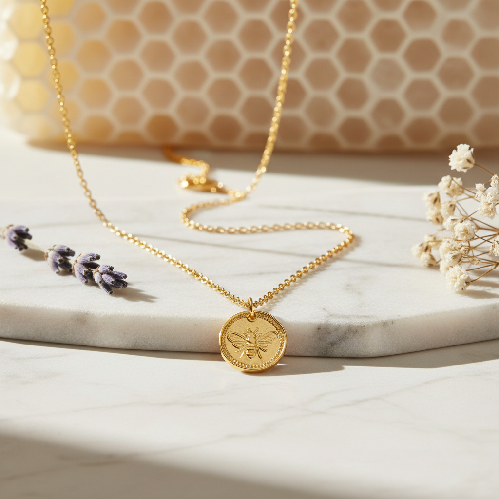 Gold Bee Necklace in elegant natural setting