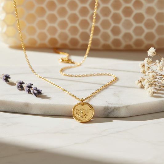 Gold Bee Necklace in elegant natural setting