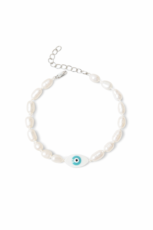 Freshwater Pearl Evil Eye Bracelet – Sterling Silver