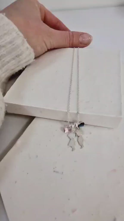 Sterling Silver Mom Necklace with Boy & Girl Charms – Swarovski Crystal Heart Family Pendant